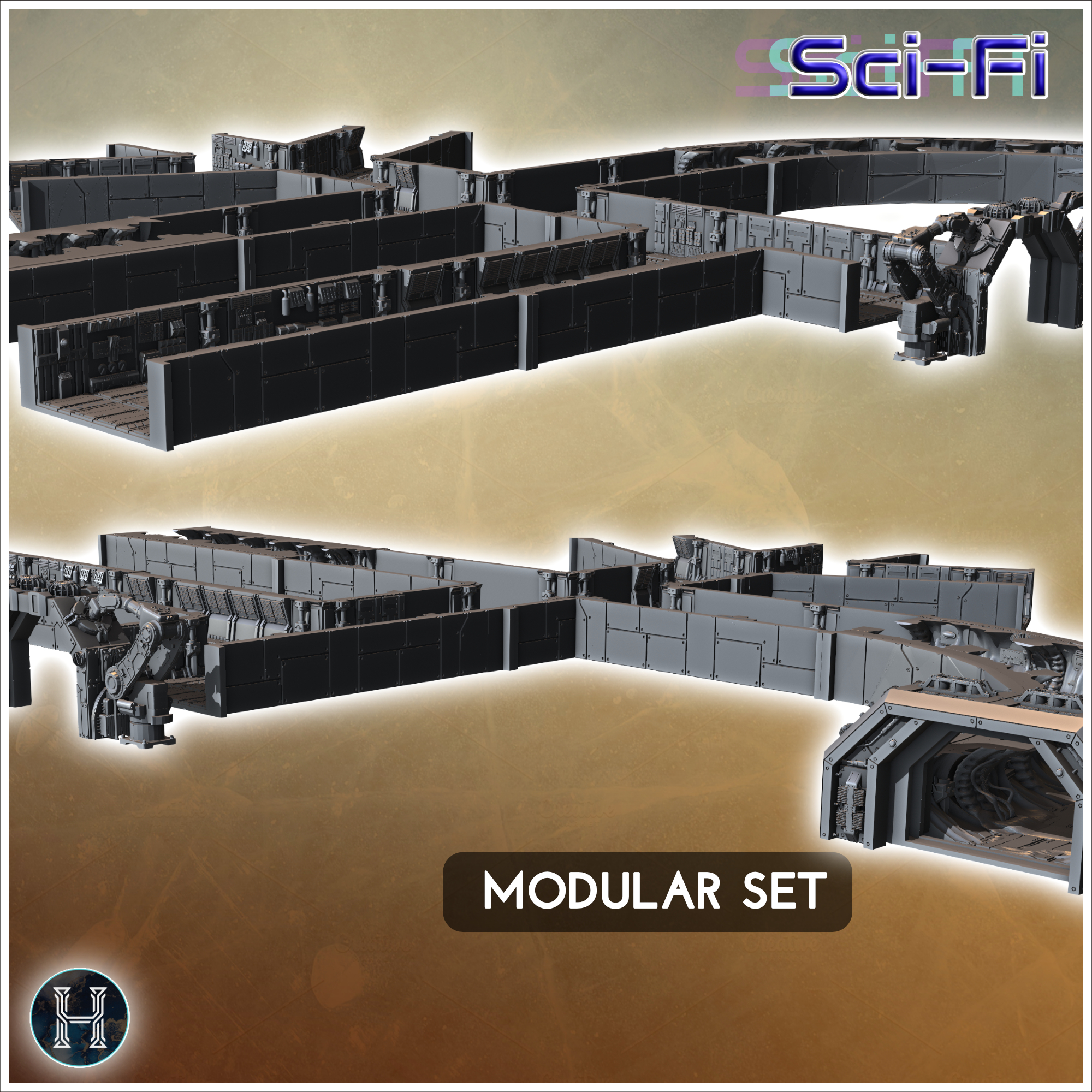 Large assembly of various modular components for constructing advanced industrial buildings (2) - Future Sci-Fi SF Post apocalyptic Tabletop Scifi Wargaming Planetary exploration RPG Terrain